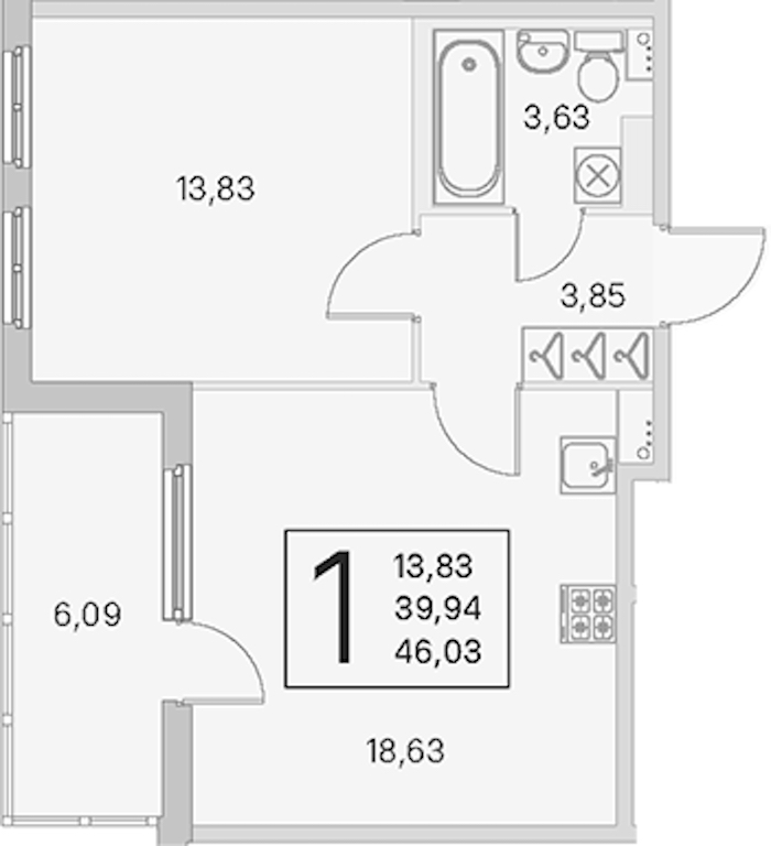 1-комнатная квартира 39.94 м², 2/4 эт., ЖК «Любоград в Стрельне»